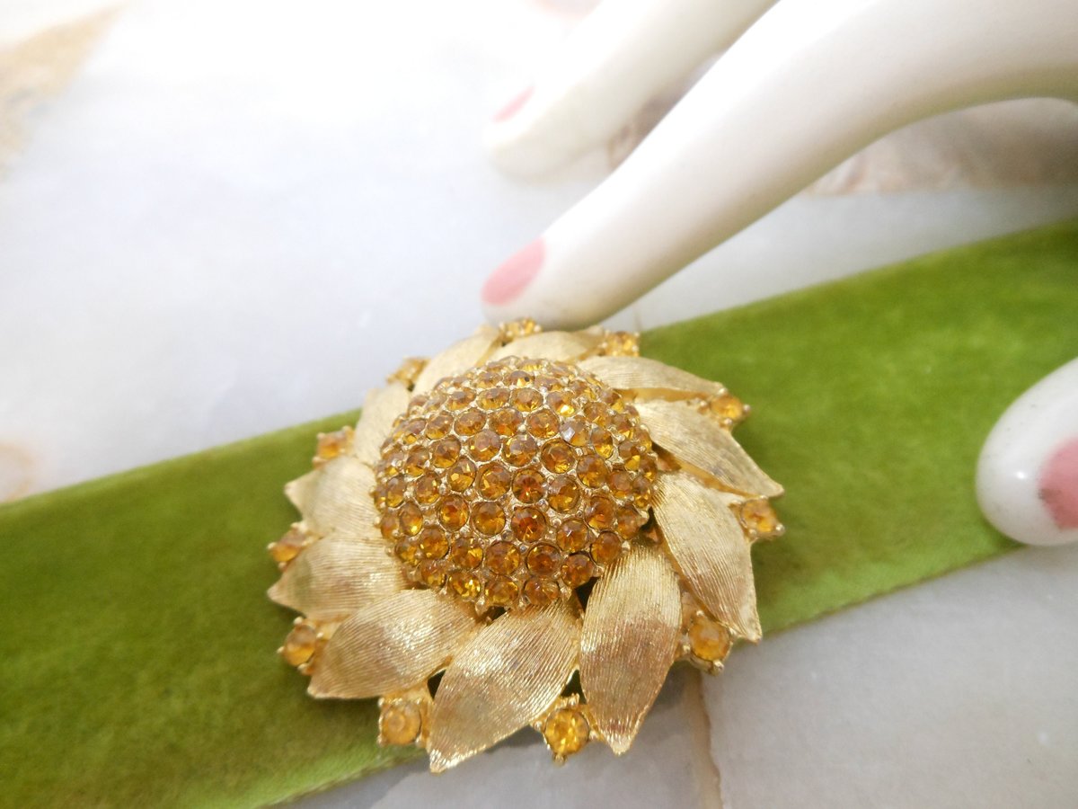 Vintage Sunflower Pin Domed Rhinestone Brooch Gold Plate Flower Pendant Mid Century Jewelry Gift, VivianJoel.com