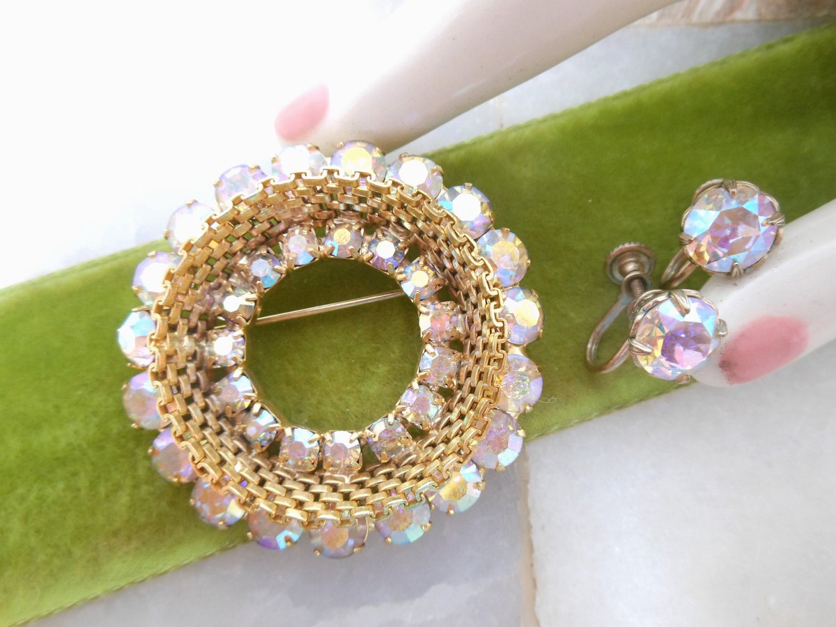 Vintage WEISS Earrings Aurora Borealis Rhinestone Brooch Wreath Pin Jewelry Designer Gift Mid Century, VivianJoel.com