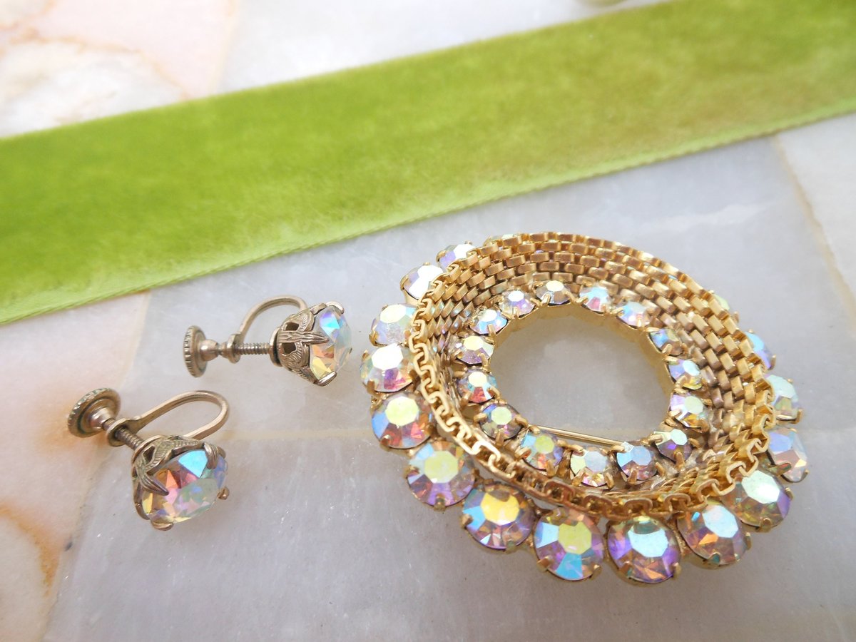 Vintage WEISS Earrings Aurora Borealis Rhinestone Brooch Wreath Pin Jewelry Designer Gift Mid Century, VivianJoel.com