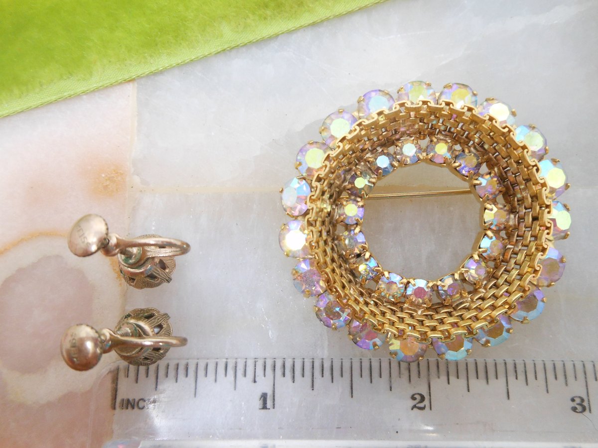 Vintage WEISS Earrings Aurora Borealis Rhinestone Brooch Wreath Pin Jewelry Designer Gift Mid Century, VivianJoel.com