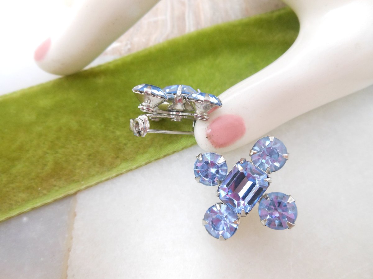 Vintage CORO Scatter Pin Set Blue Brooch Rhinestone Flower Petite Double Designer Regency Revival Mid Century Jewelry, VivianJoel.com