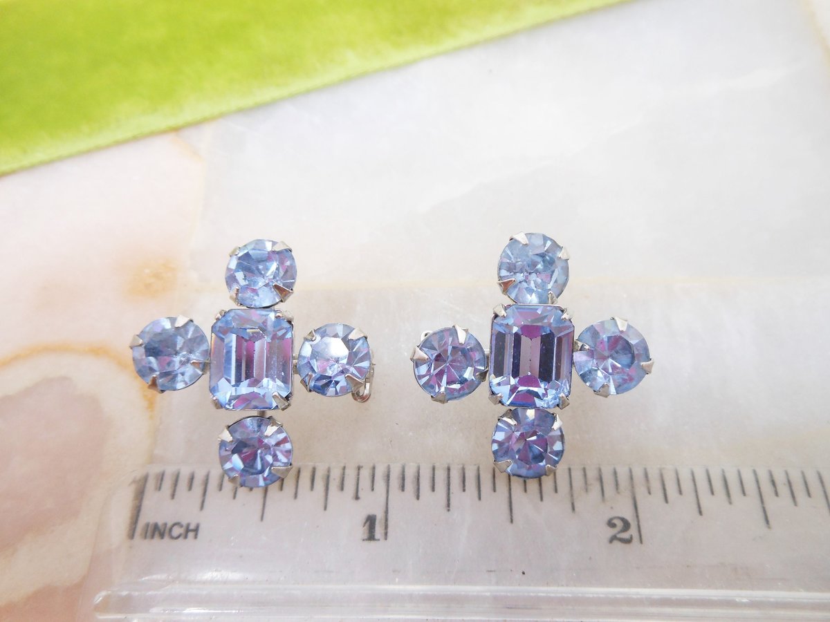 Vintage CORO Scatter Pin Set Blue Brooch Rhinestone Flower Petite Double Designer Regency Revival Mid Century Jewelry, VivianJoel.com