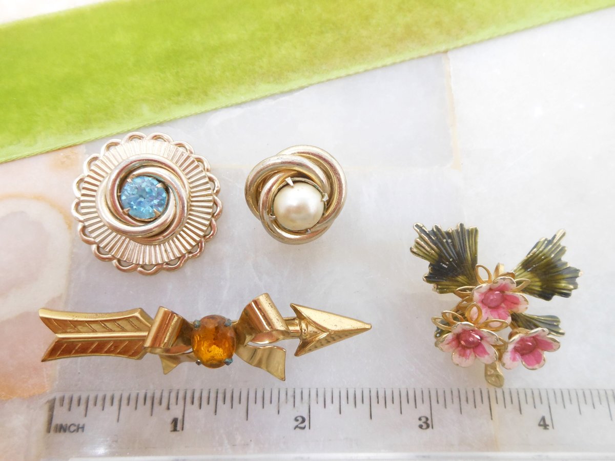 Vintage CORO LOT 4 Pink Flower Pin Gold Arrow Brooch Designer Rhinestone Enamel Bouquet Mid Century Jewelry Gift, VivianJoel.com