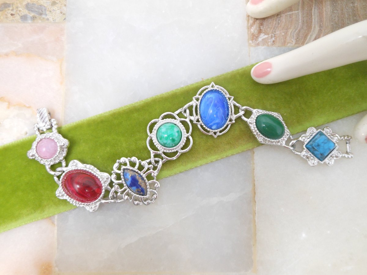 Vintage SARAH COVENTRY Bracelet Faux Gems Silvertone Chain Link Frolic Designer Mid Century Jewelry Gift, VivianJoel.com