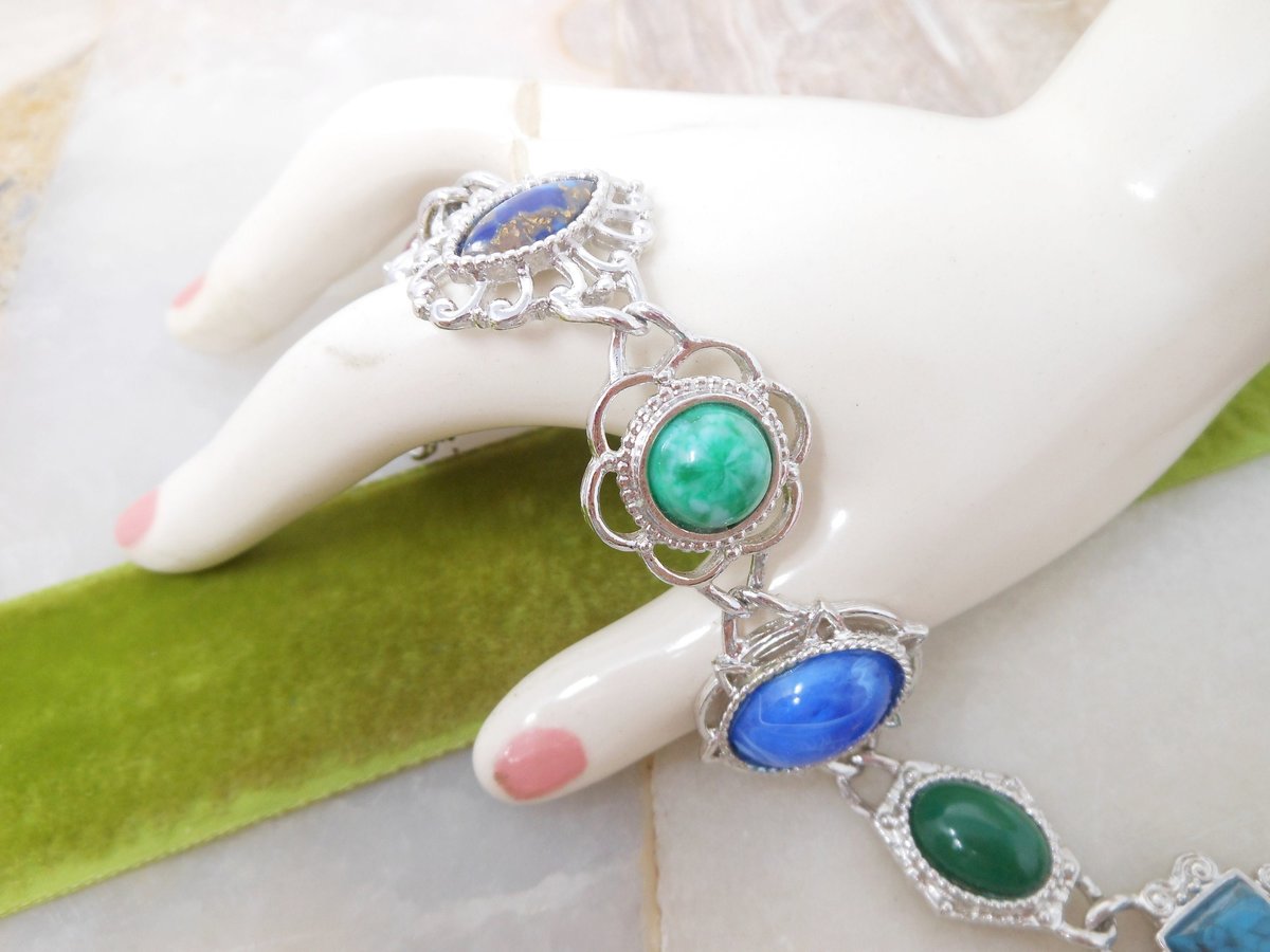 Vintage SARAH COVENTRY Bracelet Faux Gems Silvertone Chain Link Frolic Designer Mid Century Jewelry Gift, VivianJoel.com