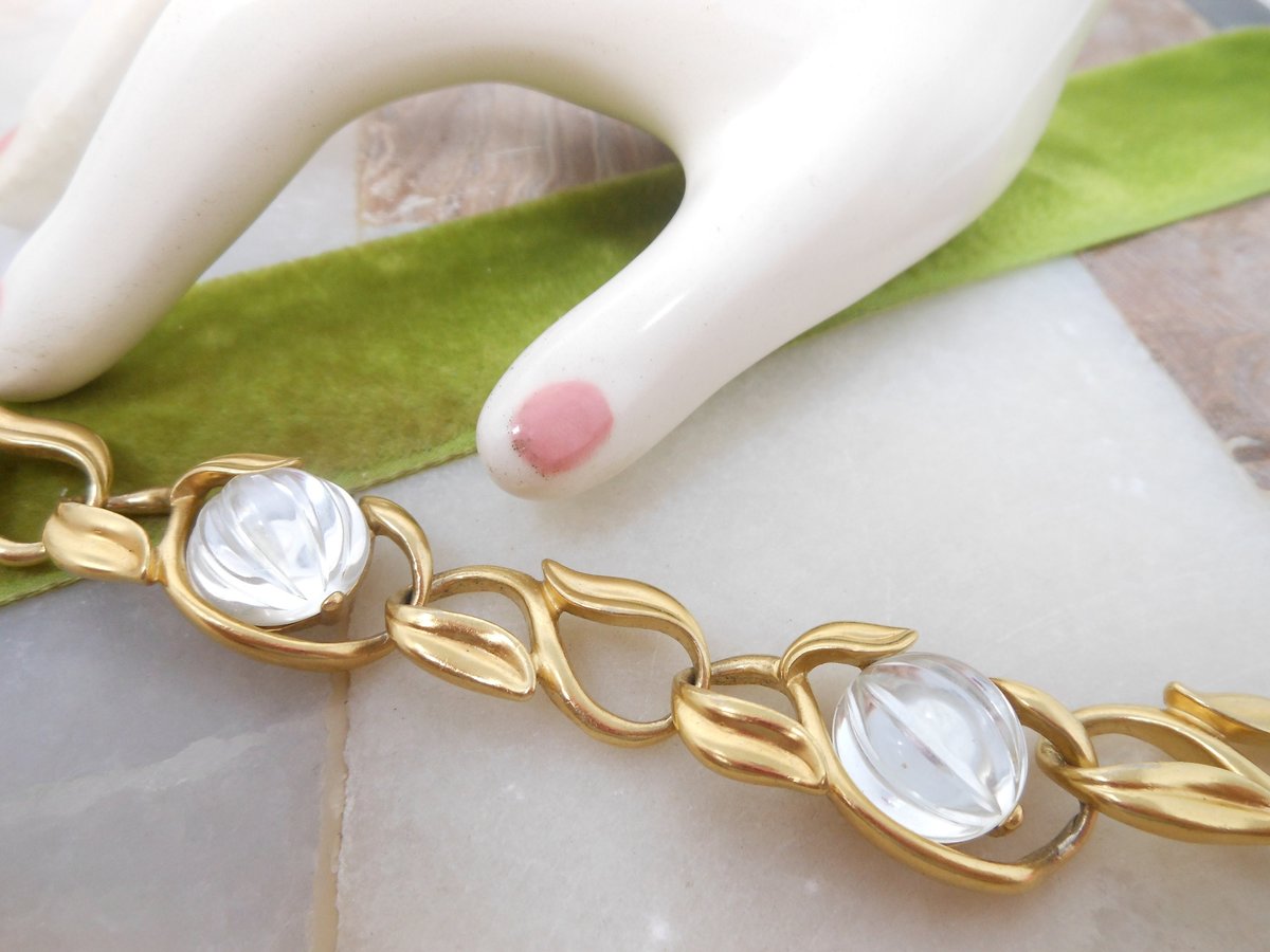 Vintage TRIFARI TM Bracelet Jelly Belly Melon Lucite Matte Gold Plate Chain Classic Designer Mid Century Jewelry Gift, VivianJoel.com