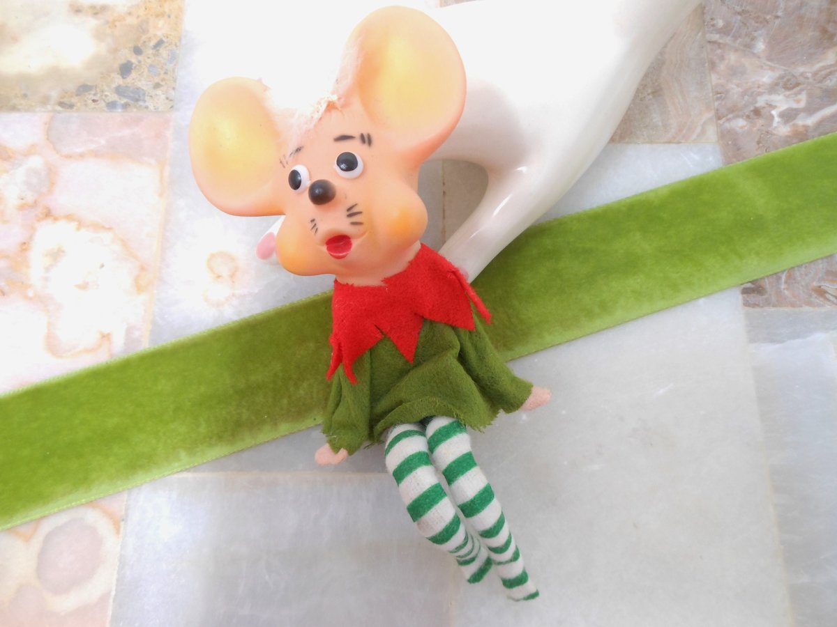 Vintage Christmas Mouse Pixie Elf Sitter Tree Ornament JAPAN Plastic Rubber Striped Felt Mid Century, VivianJoel.com