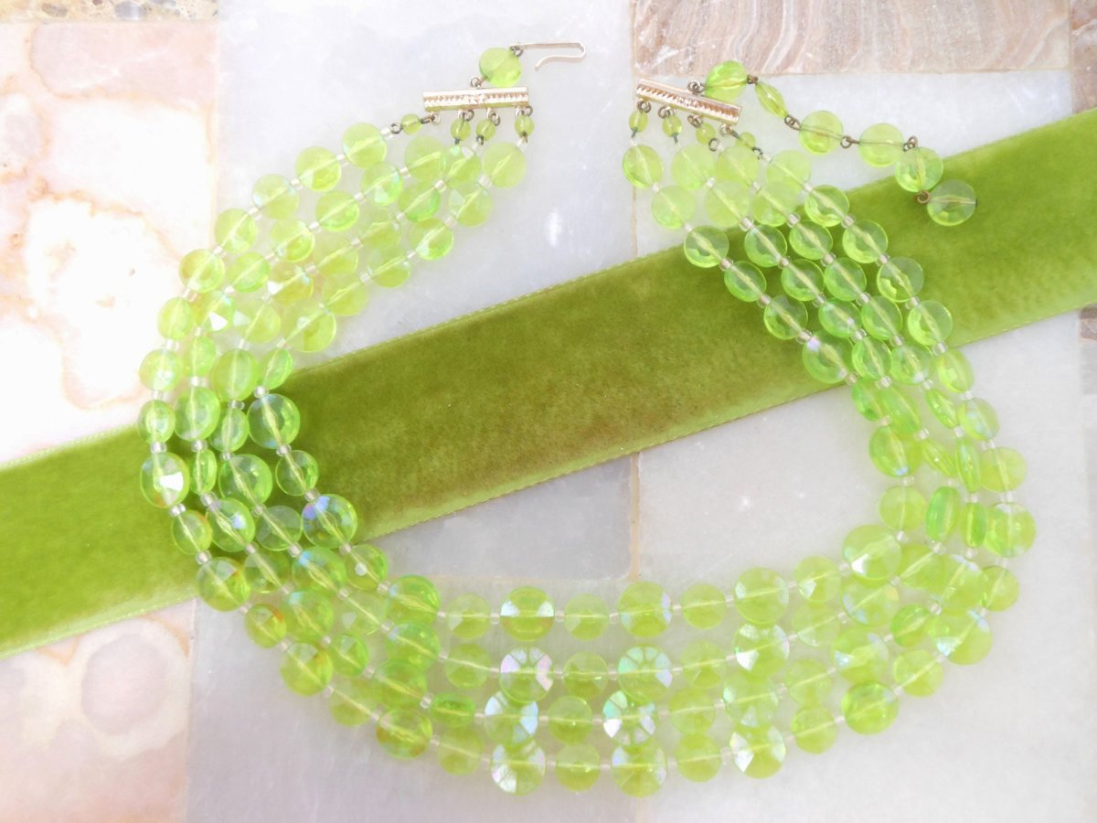 Vintage WEST GERMANY Bead Necklace 4 Multi Strand Plastic Green Saucer Bib Jewelry Mid Century, VivianJoel.com