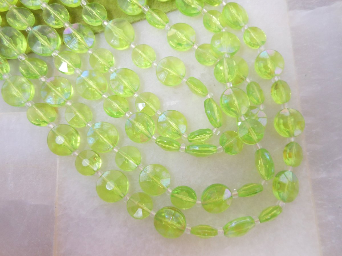 Vintage WEST GERMANY Bead Necklace 4 Multi Strand Plastic Green Saucer Bib Jewelry Mid Century, VivianJoel.com