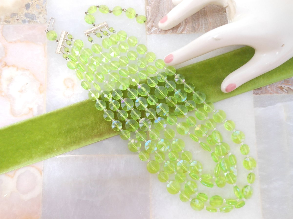 Vintage WEST GERMANY Bead Necklace 4 Multi Strand Plastic Green Saucer Bib Jewelry Mid Century, VivianJoel.com