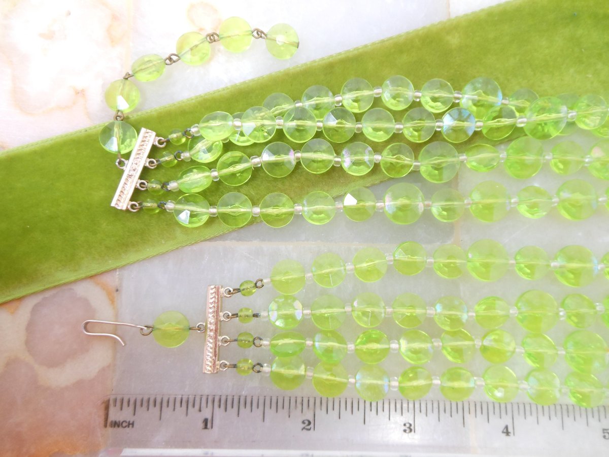 Vintage WEST GERMANY Bead Necklace 4 Multi Strand Plastic Green Saucer Bib Jewelry Mid Century, VivianJoel.com