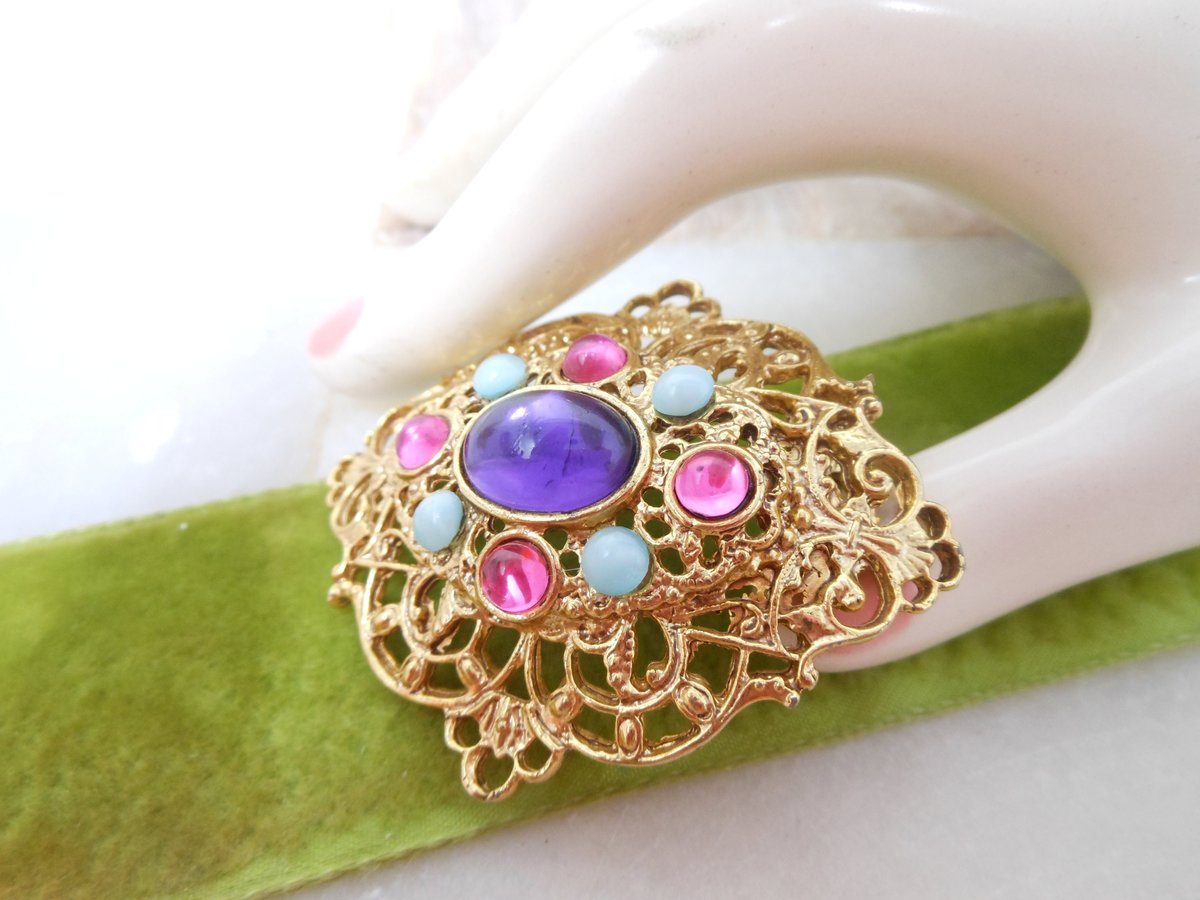Vintage Victorian Revival Pin Ornate Brooch Mogul Pink Purple Lucite Bubble Jewelry Mid Century, VivianJoel.com
