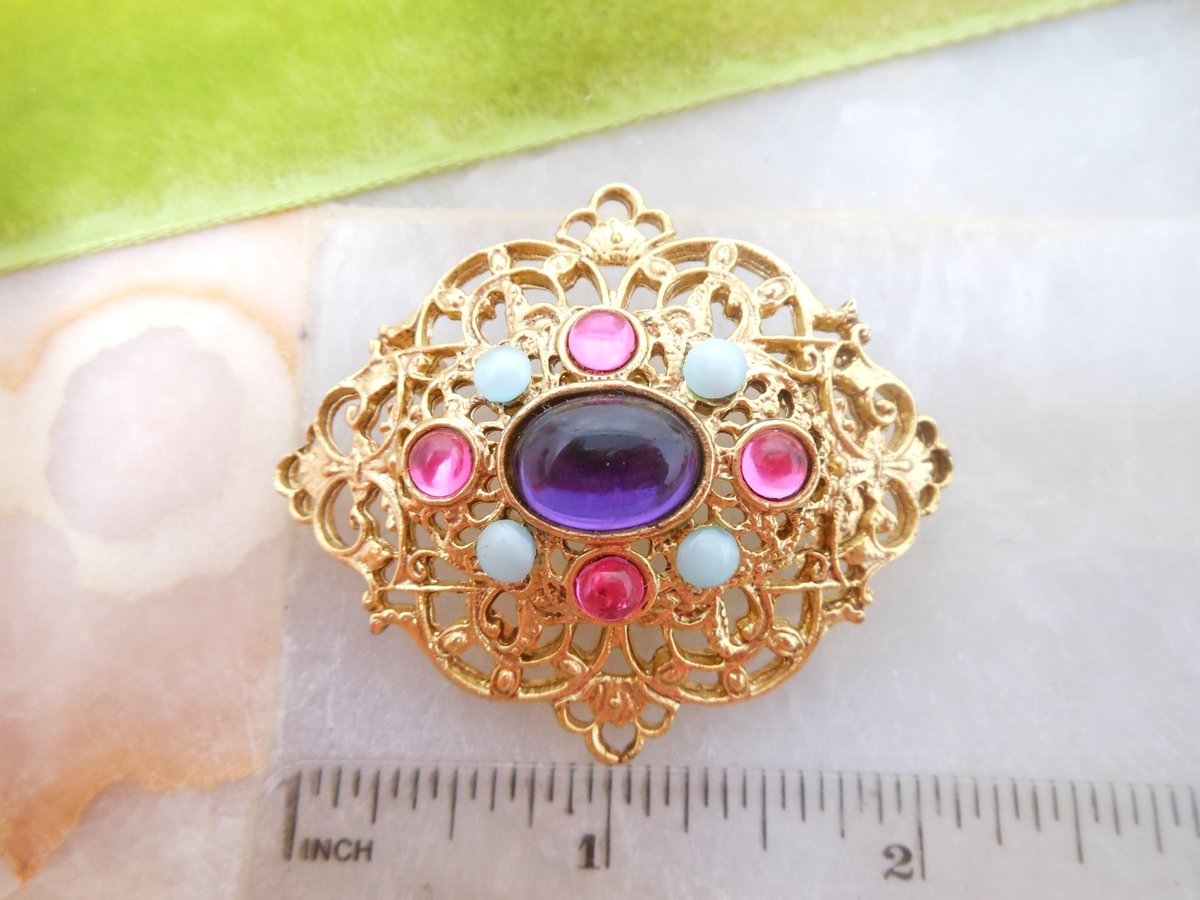 Vintage Victorian Revival Pin Ornate Brooch Mogul Pink Purple Lucite Bubble Jewelry Mid Century, VivianJoel.com