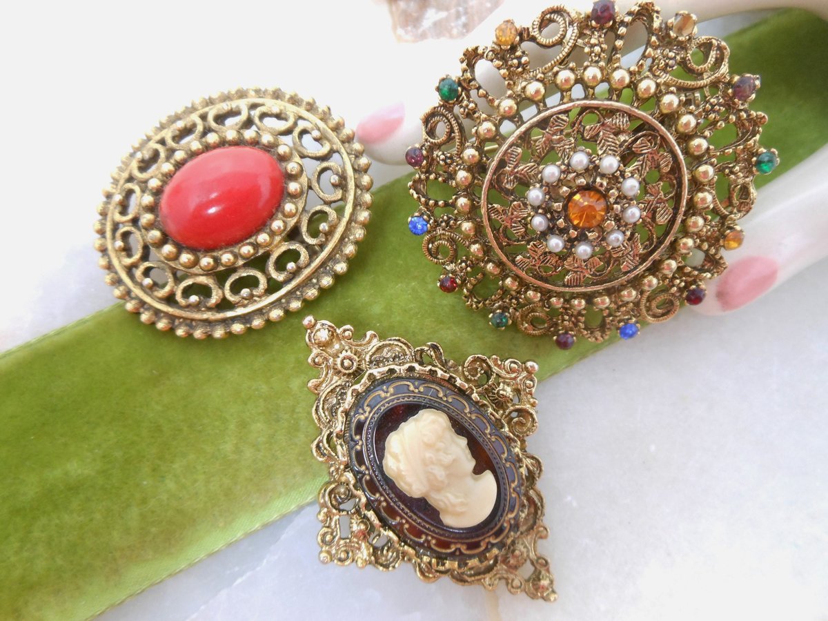 Vintage LOT 3 Victorian Revival Brooch Cameo Pin Collection Rhinestone Ornate Mid Century Jewelry Gift, VivianJoel.com