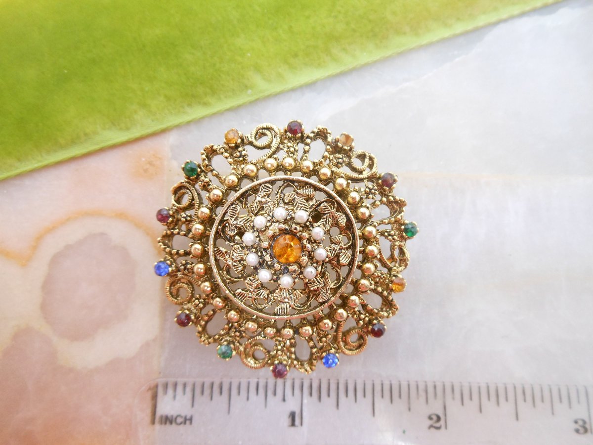 Vintage LOT 3 Victorian Revival Brooch Cameo Pin Collection Rhinestone Ornate Mid Century Jewelry Gift, VivianJoel.com
