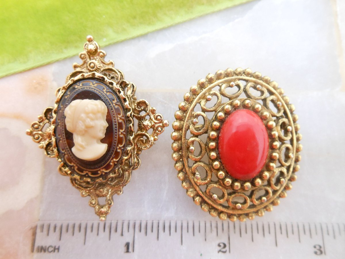Vintage LOT 3 Victorian Revival Brooch Cameo Pin Collection Rhinestone Ornate Mid Century Jewelry Gift, VivianJoel.com