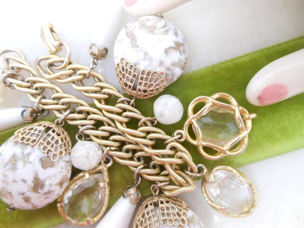 Vintage Chunky Charm Bracelet Plastic Confetti Glass Bauble White Bead Mid Century Jewelry Gift, VivianJoel.com
