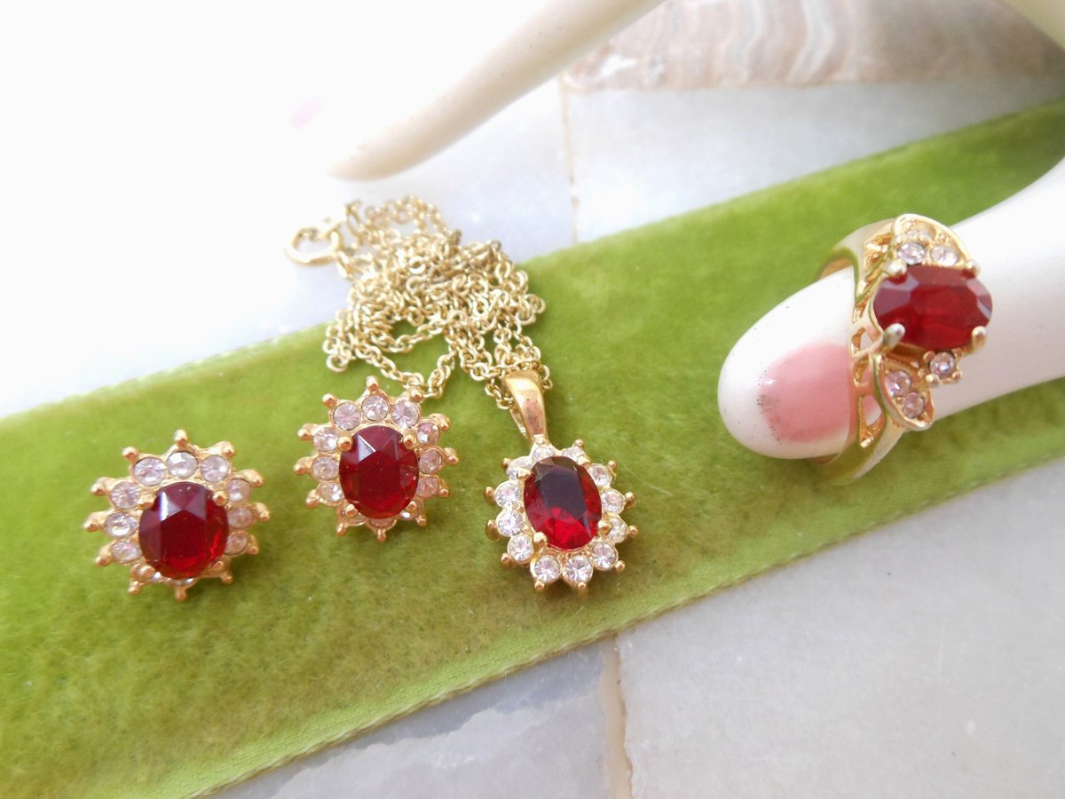 Vintage ROMAN Rhinestone Necklace Earrings Set Ring Size 5 Red Ruby Clear Ice Crystal Hollywood Glam Designer Jewelry, VivianJoel.com