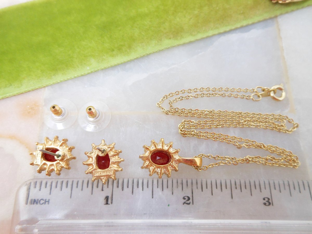Vintage ROMAN Rhinestone Necklace Earrings Set Ring Size 5 Red Ruby Clear Ice Crystal Hollywood Glam Designer Jewelry, VivianJoel.com