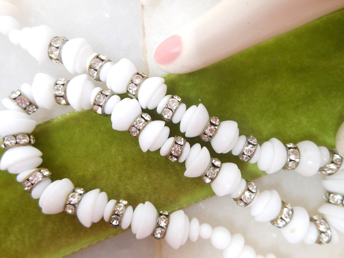 Vintage Milk Glass White Bead Necklace Rhinestone Rondelle Collar Choker Jewelry Wedding Mid Century, VivianJoel.com