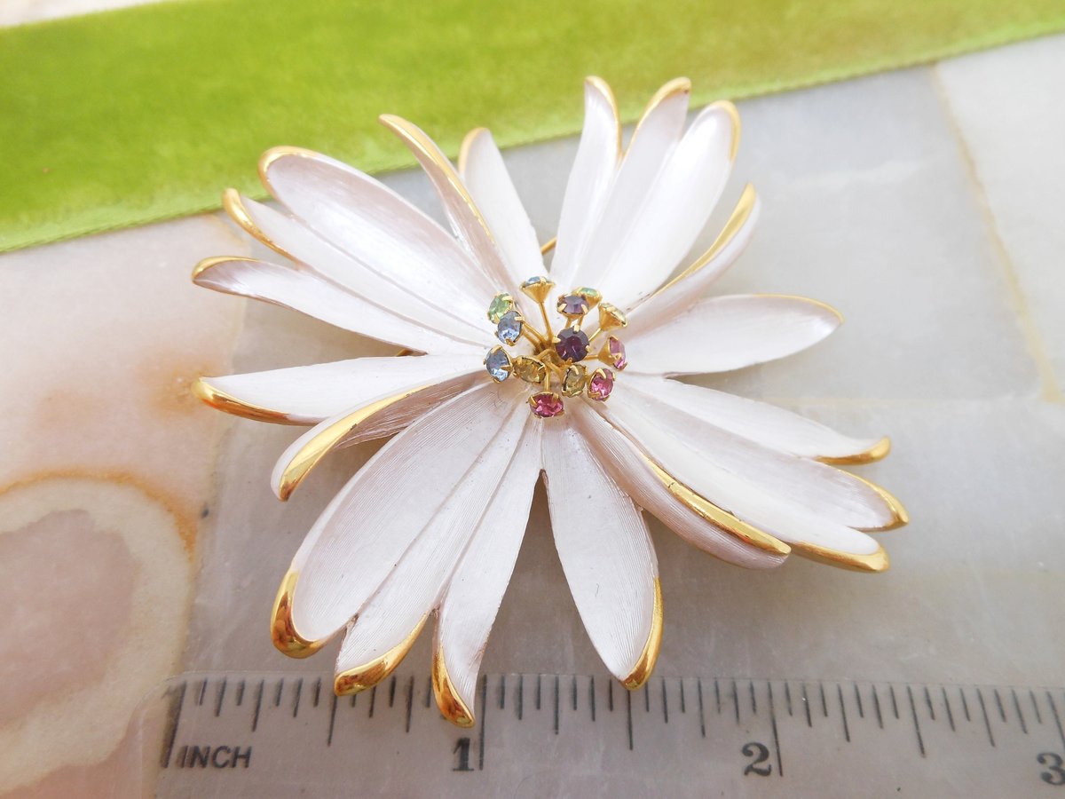 Vintage PARK LANE Brooch Earrings Set Atomic Rhinestone Enamel Flower Pin Clip On Designer Jewelry Gift Mid Century, VivianJoel.com