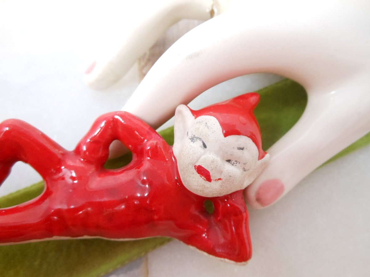 Vintage Red Pixie Elf Ceramic Christmas Anytime Figurine Mid Century Decor Holiday, VivianJoel.com