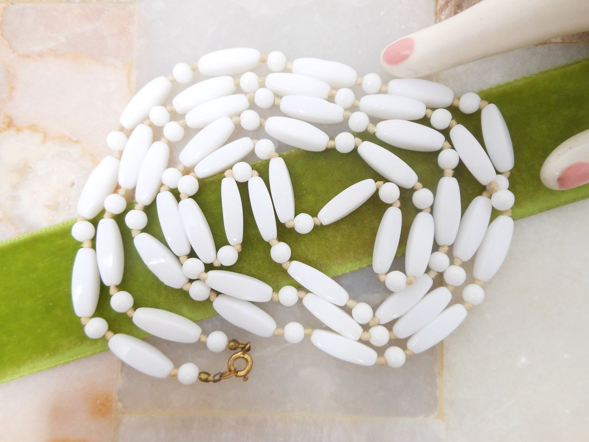 Vintage White Milk Glass Necklace Bead Knotted Spacers Long 48" Flapper Opera Mid Century Jewelry Gift, VivianJoel.com