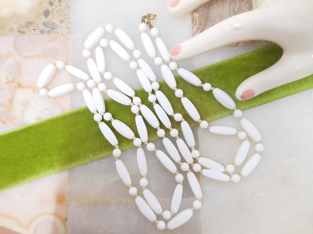 Vintage White Milk Glass Necklace Bead Knotted Spacers Long 48" Flapper Opera Mid Century Jewelry Gift, VivianJoel.com