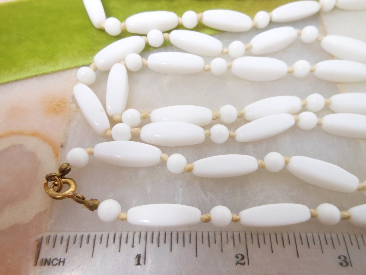 Vintage White Milk Glass Necklace Bead Knotted Spacers Long 48" Flapper Opera Mid Century Jewelry Gift, VivianJoel.com