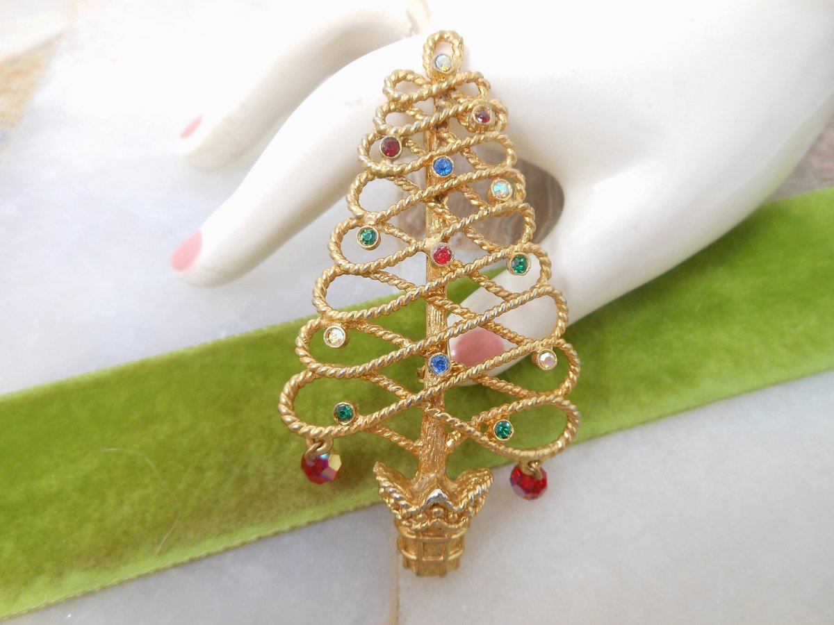 Vintage TANCER Christmas Tree Pin Rhinestone Dangle Crystal Brooch Designer Mid Century Jewelry Gift, VivianJoel.com