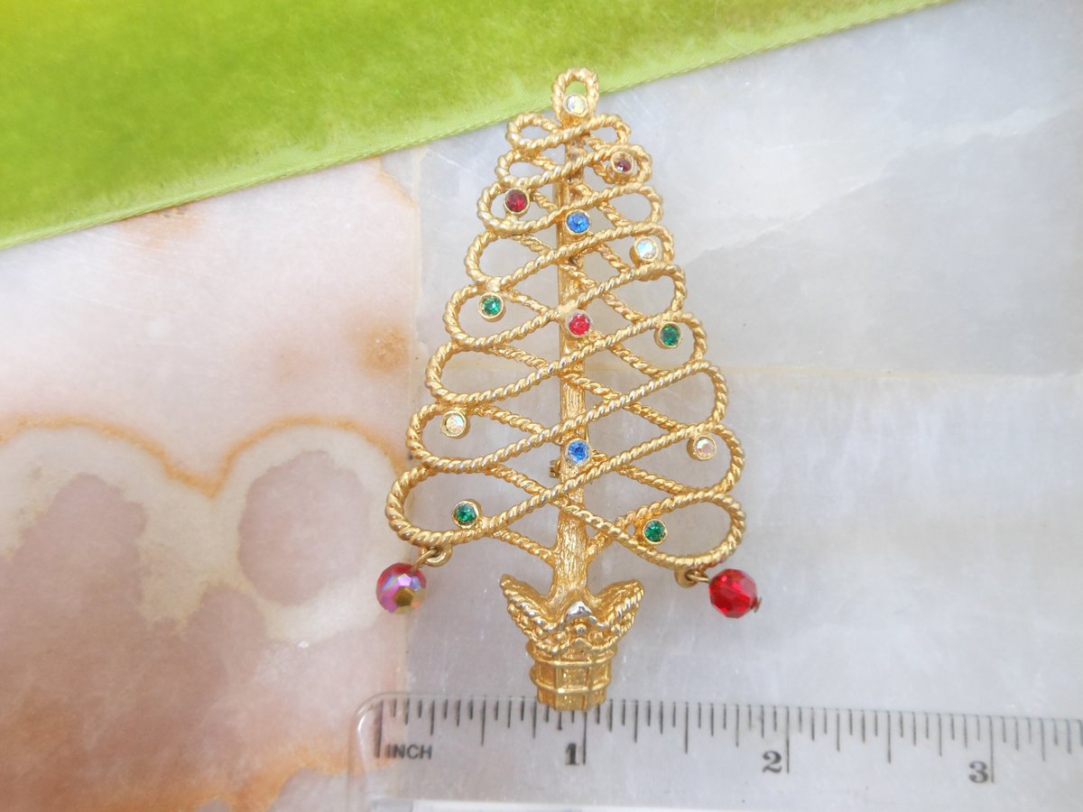 Vintage TANCER Christmas Tree Pin Rhinestone Dangle Crystal Brooch Designer Mid Century Jewelry Gift, VivianJoel.com