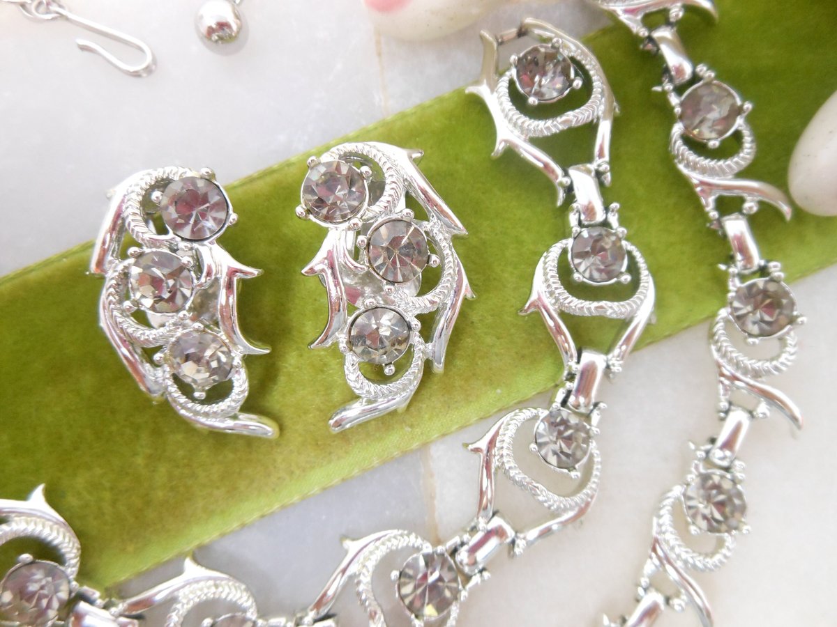 Vintage SARAH COVENTRY Parure Necklace Bracelet Earrings Set Gray Rhinestone Cool Surrender Mid Century Designer Jewelry, VivianJoel.com