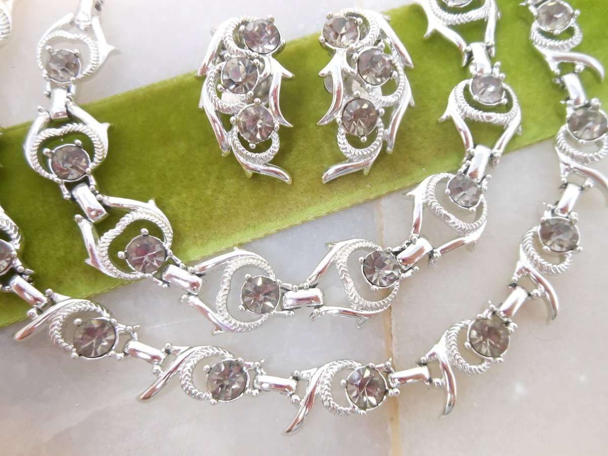 Vintage SARAH COVENTRY Parure Necklace Bracelet Earrings Set Gray Rhinestone Cool Surrender Mid Century Designer Jewelry, VivianJoel.com
