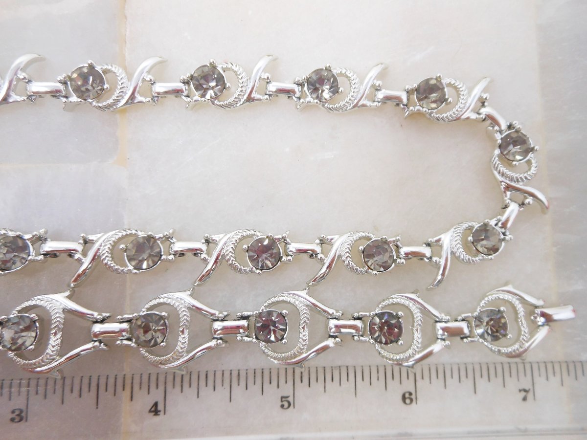 Vintage SARAH COVENTRY Parure Necklace Bracelet Earrings Set Gray Rhinestone Cool Surrender Mid Century Designer Jewelry, VivianJoel.com