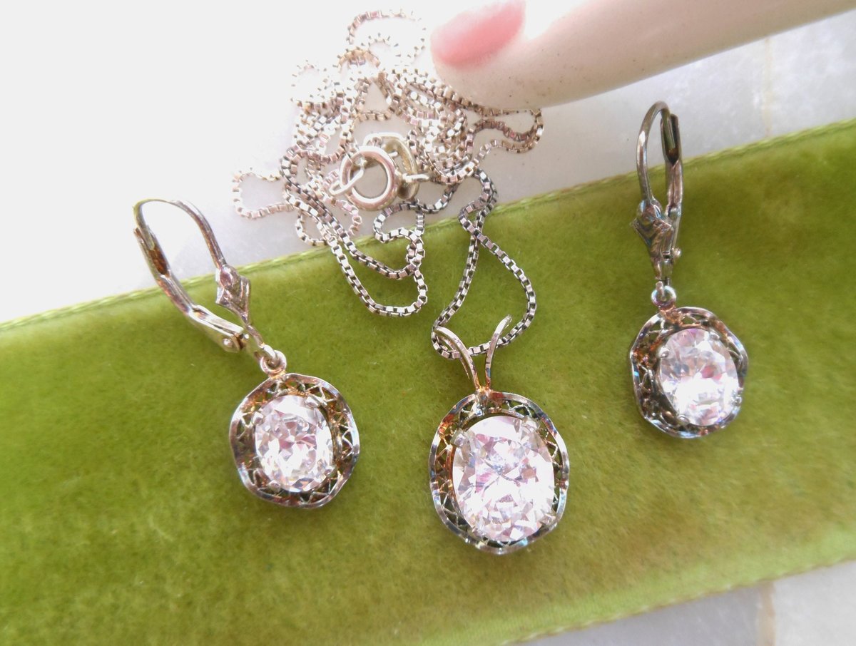 Vintage STERLING SILVER CZ Pendant Necklace Dangle Drop Earrings Set Ornate Filigree Crystal 925 Jewelry Boxed Gift, VivianJoel.com