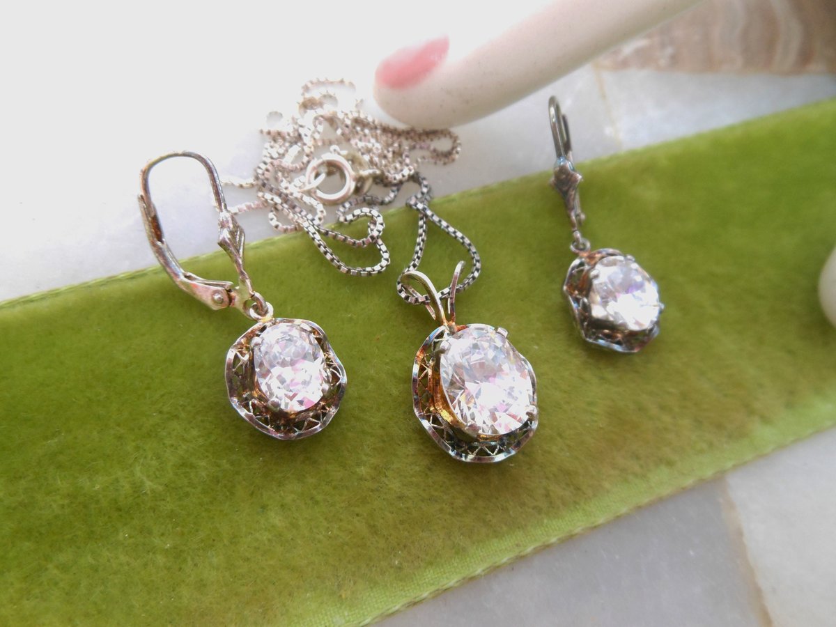 Vintage STERLING SILVER CZ Pendant Necklace Dangle Drop Earrings Set Ornate Filigree Crystal 925 Jewelry Boxed Gift, VivianJoel.com
