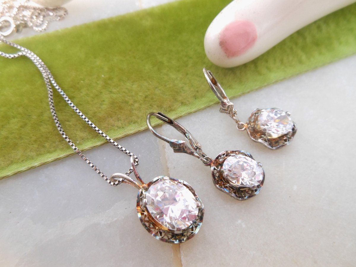 Vintage STERLING SILVER CZ Pendant Necklace Dangle Drop Earrings Set Ornate Filigree Crystal 925 Jewelry Boxed Gift, VivianJoel.com