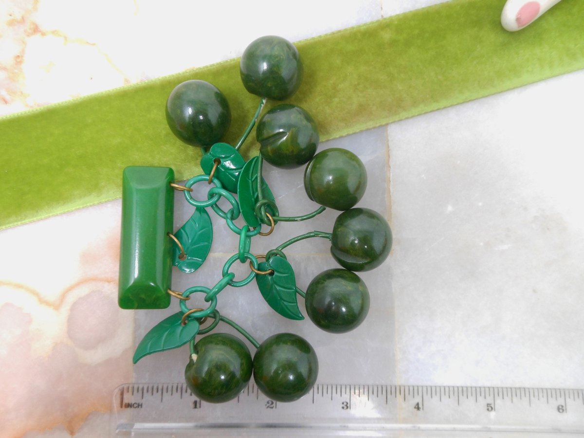 Vintage BAKELITE Dangle Brooch Spinach Green Apple Cherries Carved Fruit Art Deco Rockabilly Jewelry Gift Mid Century, VivianJoel.com
