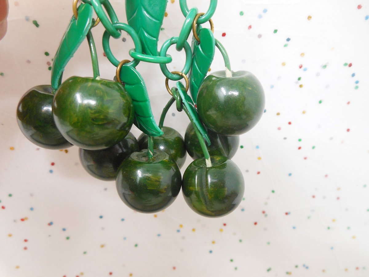 Vintage BAKELITE Dangle Brooch Spinach Green Apple Cherries Carved Fruit Art Deco Rockabilly Jewelry Gift Mid Century, VivianJoel.com