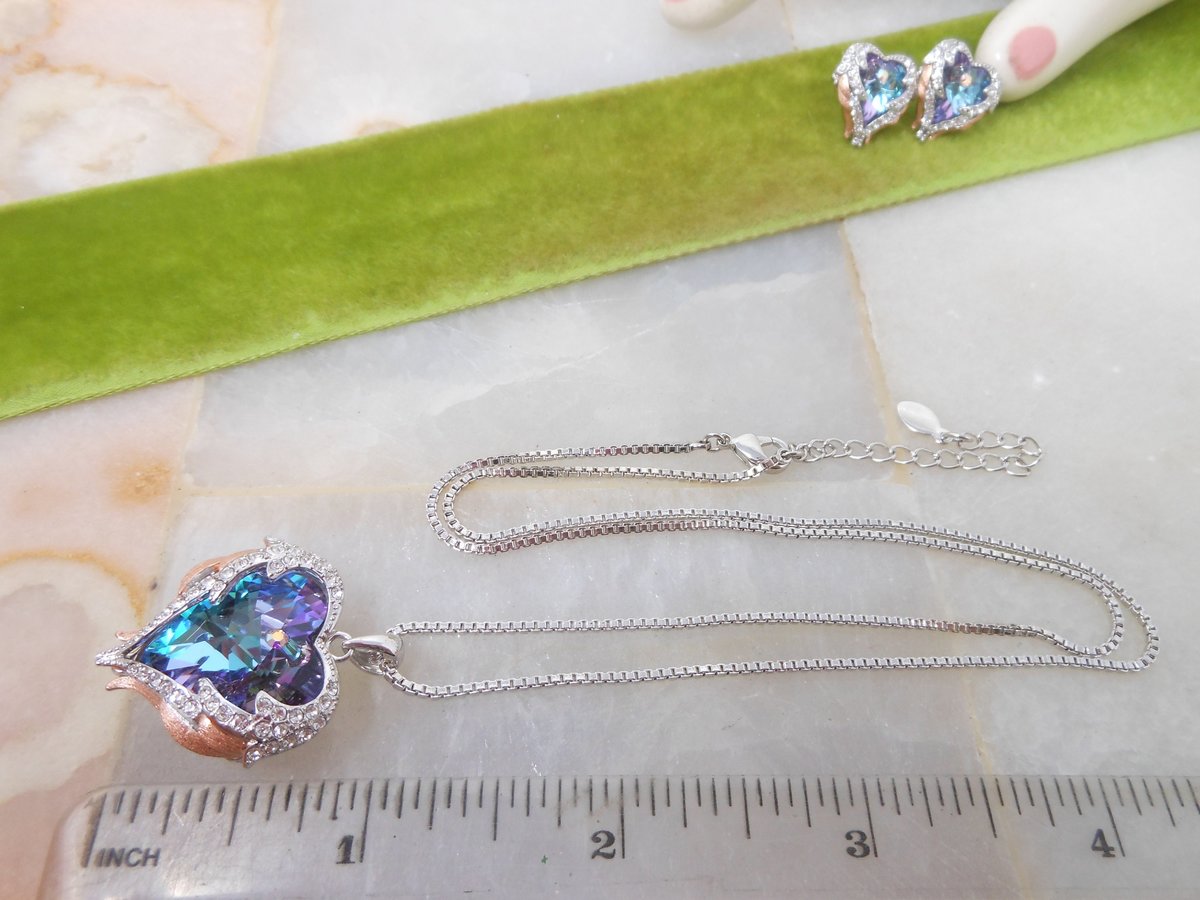 Vintage Angel Wing Love Heart Necklace Earrings CDE Designer Crystal Rivoli Rhinestone Jewelry Boxed Set Gift, VivianJoel.com