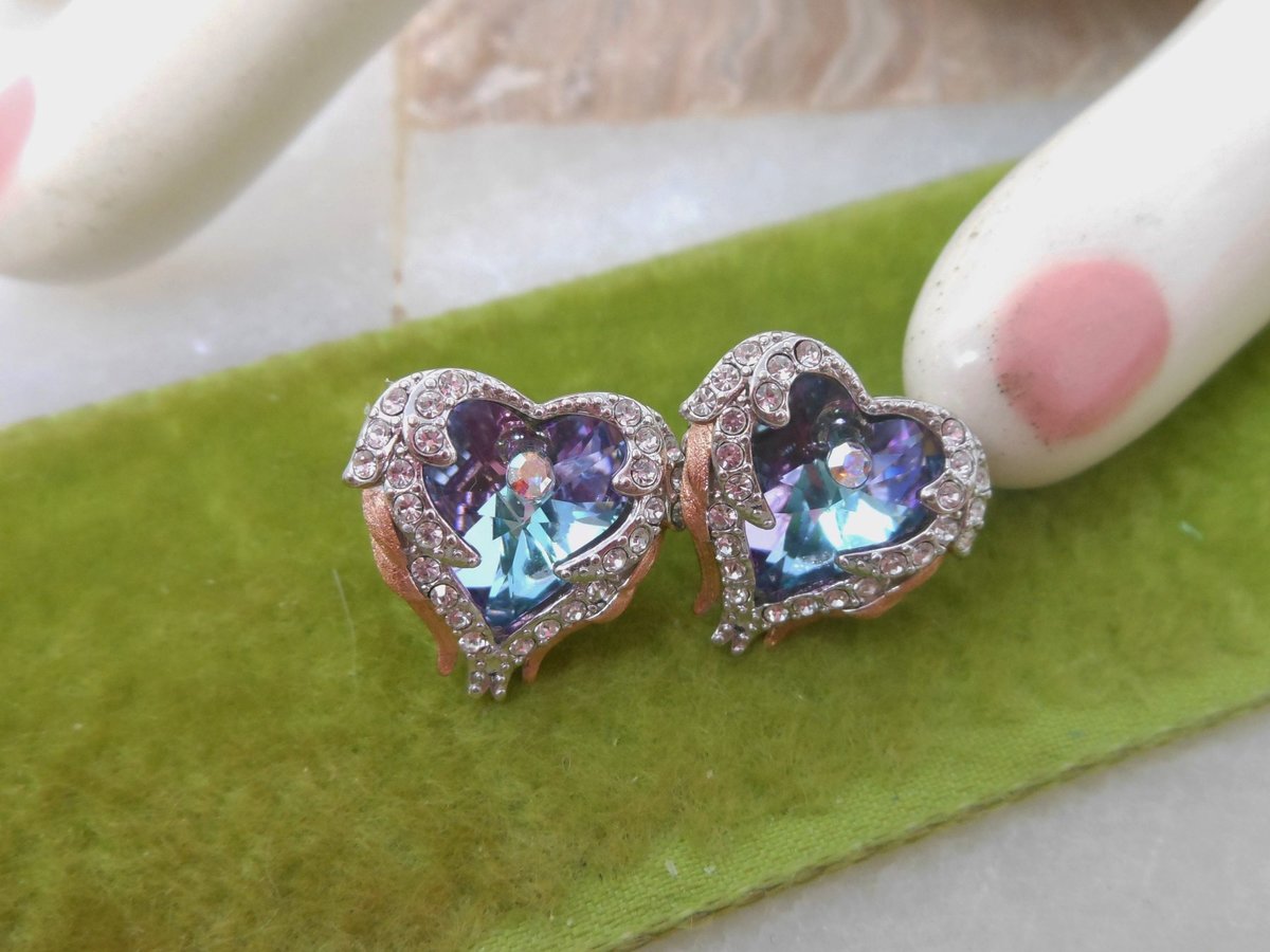 Vintage Angel Wing Love Heart Necklace Earrings CDE Designer Crystal Rivoli Rhinestone Jewelry Boxed Set Gift, VivianJoel.com