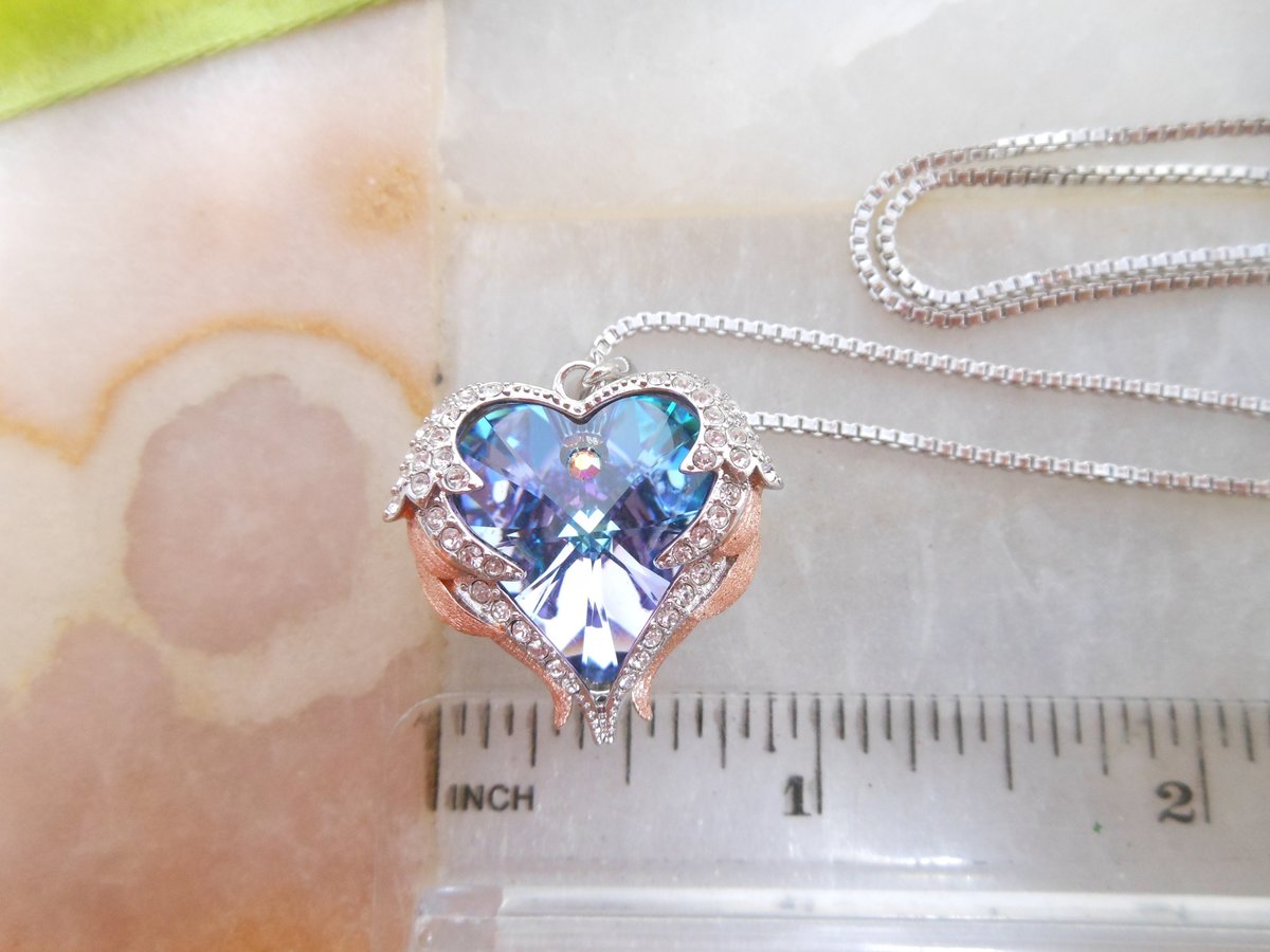 Vintage Angel Wing Love Heart Necklace Earrings CDE Designer Crystal Rivoli Rhinestone Jewelry Boxed Set Gift, VivianJoel.com