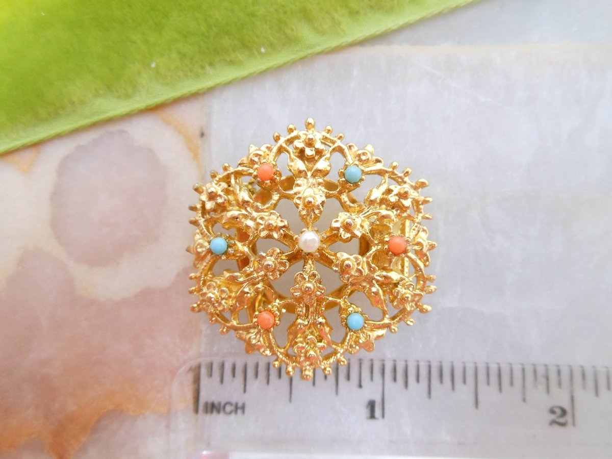 Vintage Ornate Medallion Pin Etruscan Scarf Clip Brooch Victorian Revival Jewelry Gift Mid Century, VivianJoel.com