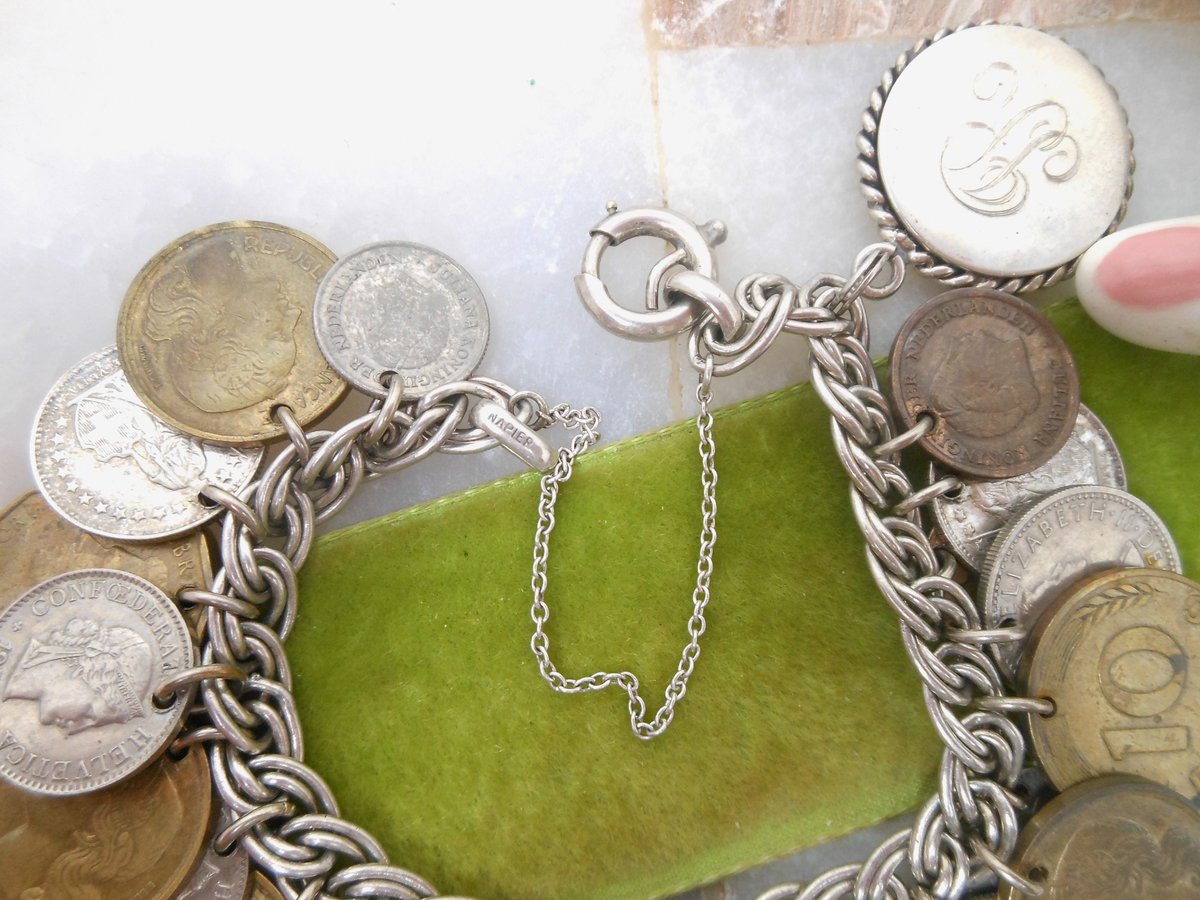 Vintage NAPIER STERLING SILVER 24 Coin Bracelet Chain Link Charm Sweetheart France Europe Travel 925 Mid Century Jewelry, VivianJoel.com