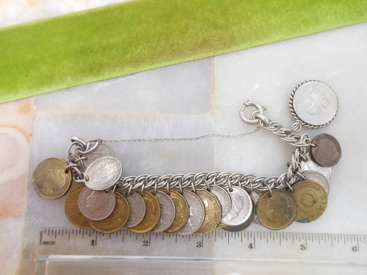 Vintage NAPIER STERLING SILVER 24 Coin Bracelet Chain Link Charm Sweetheart France Europe Travel 925 Mid Century Jewelry, VivianJoel.com
