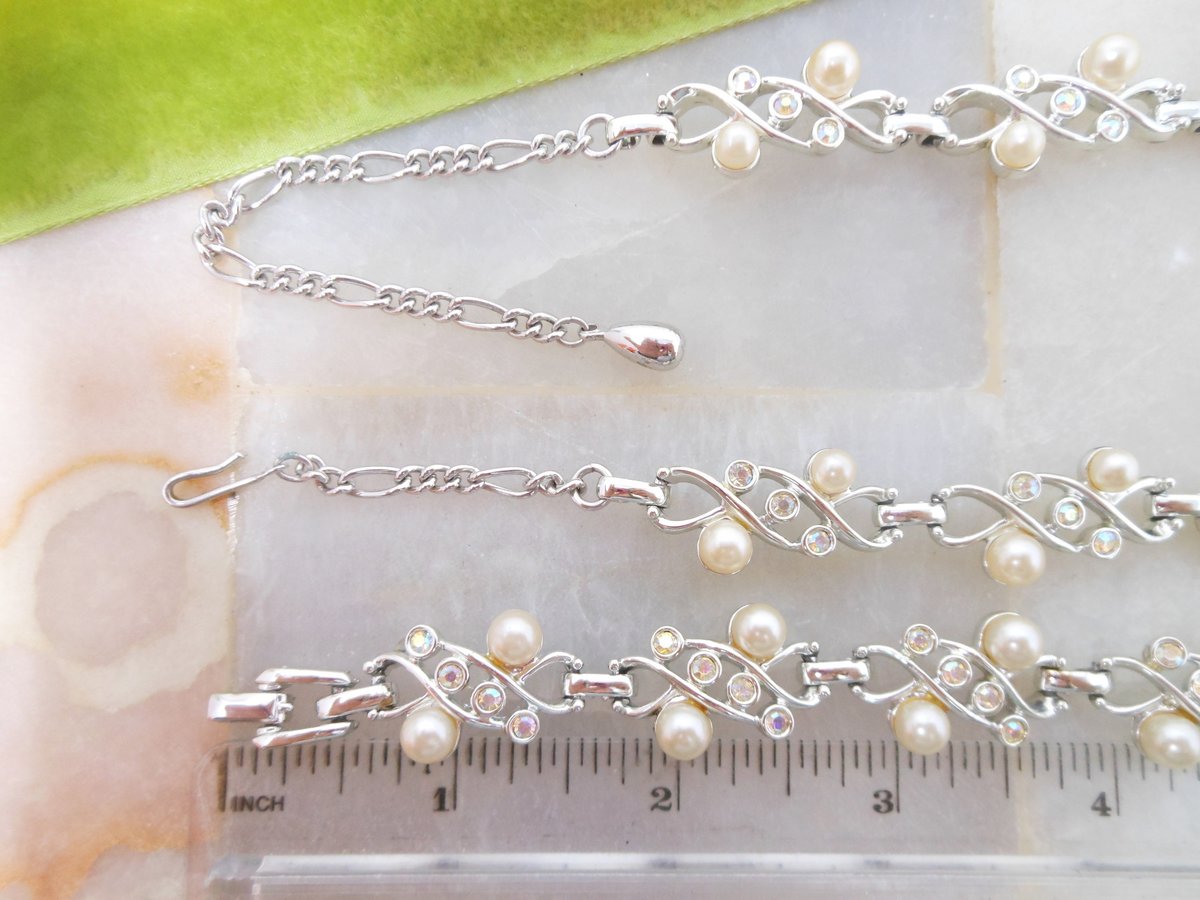 Vintage SARAH COVENTRY Necklace Bracelet Earring Set Parure Pearl Rhinestone Aurora Borealis Mid Century Designer Jewelry, VivianJoel.com