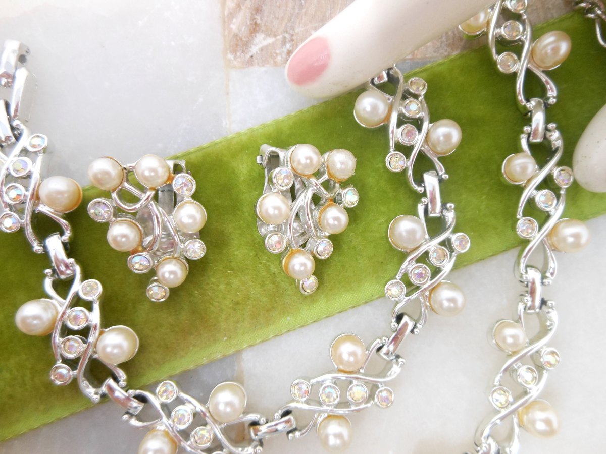 Vintage SARAH COVENTRY Necklace Bracelet Earring Set Parure Pearl Rhinestone Aurora Borealis Mid Century Designer Jewelry, VivianJoel.com