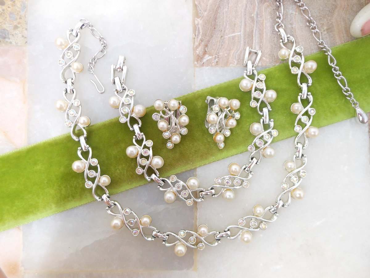 Vintage SARAH COVENTRY Necklace Bracelet Earring Set Parure Pearl Rhinestone Aurora Borealis Mid Century Designer Jewelry, VivianJoel.com