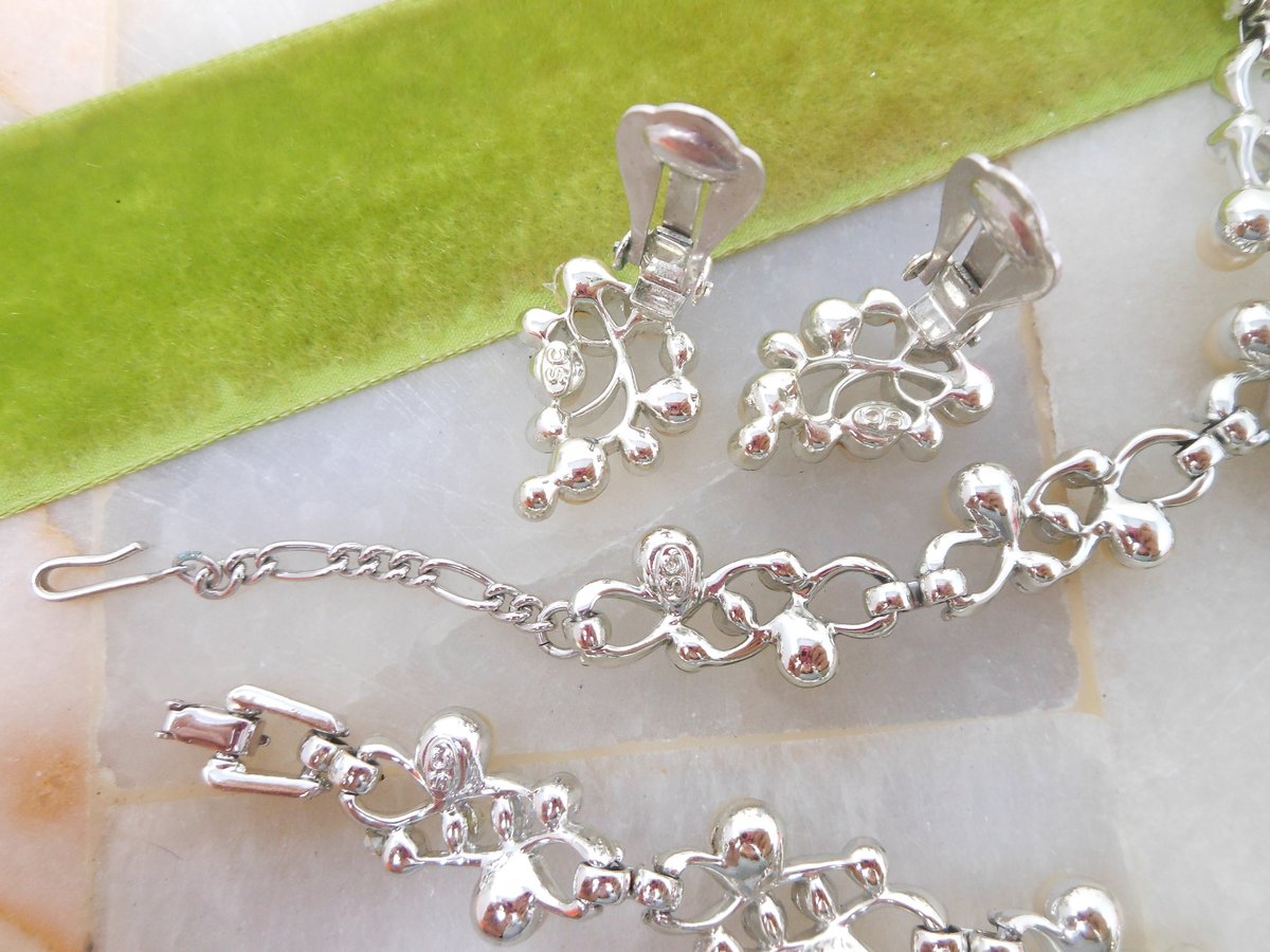 Vintage SARAH COVENTRY Necklace Bracelet Earring Set Parure Pearl Rhinestone Aurora Borealis Mid Century Designer Jewelry, VivianJoel.com