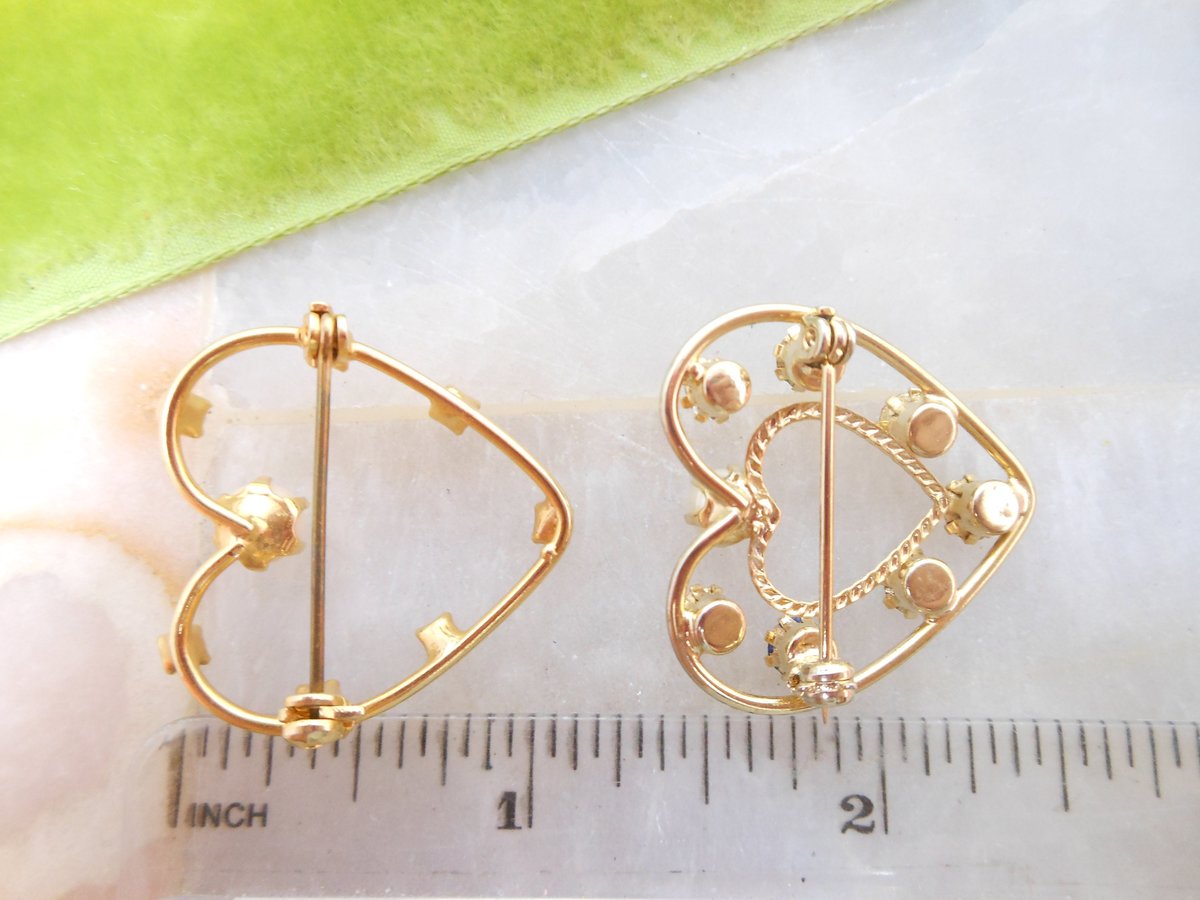 Vintage LOT 2 Rhinestone Heart Pin Faux Pearl Fruit Salad Brooch Valentine Petite Gift Jewelry Mid Century, VivianJoel.com